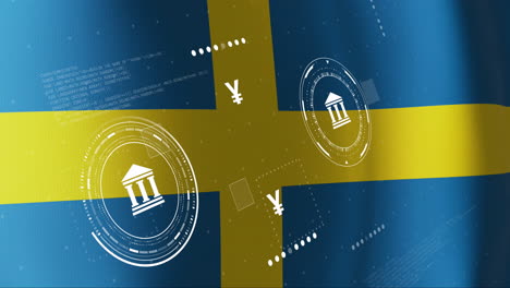 financial technology symbols and data processing animation over swedish flag