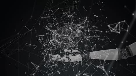 digital animation of network of connections over robotic hand against black background