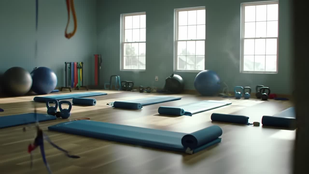A Spacious Gym Floor Designed for Various Fitness Activities Showcasing Equipment like Mats, Kettlebells, and Stability Balls in a Brightly Lit Atmosphere