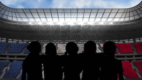 animation of silhouettes of team of sports women with french flag over sports stadium