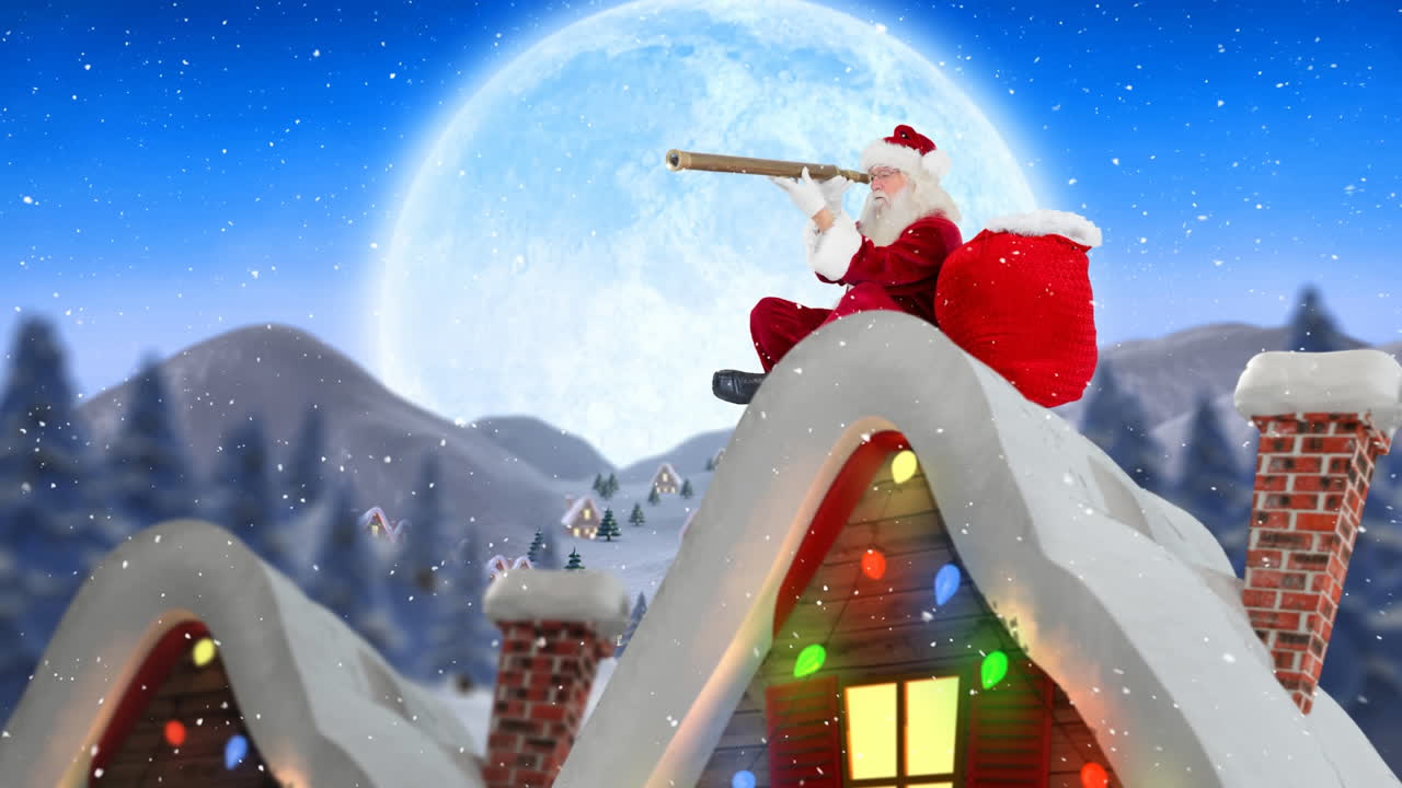 하락하는 눈과 함께 장식 된 집의 지붕에 산타 클로즈