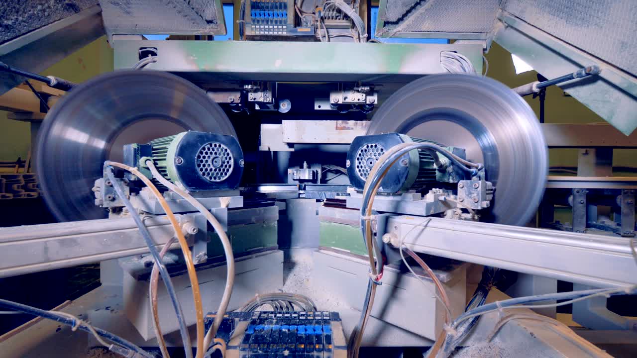 Modern industrial circular saw processing details. 4K.