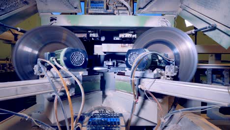 modern industrial circular saw processing details. 4k.
