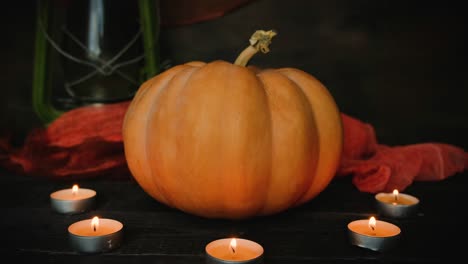 round pumpkin on a dark wooden background.