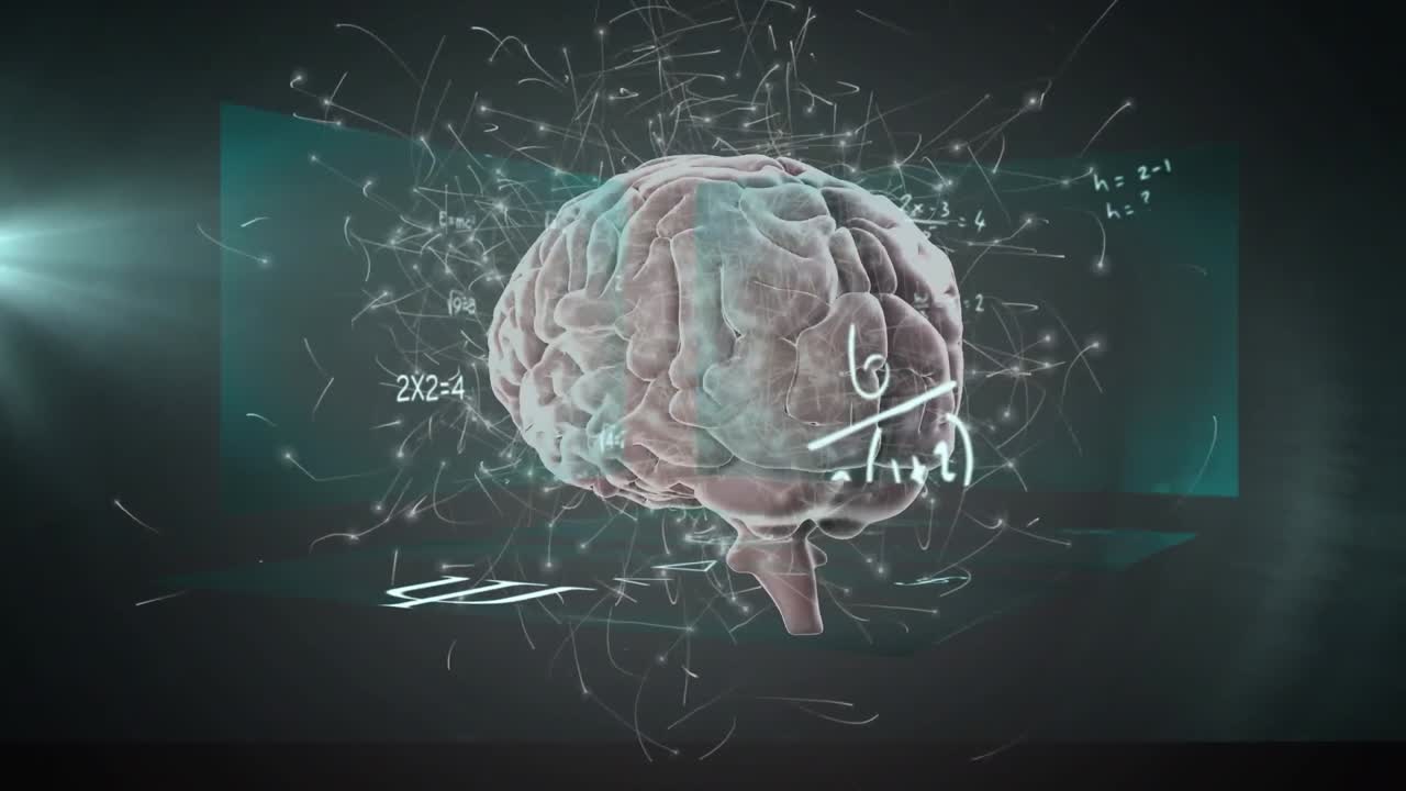 cerebro humano girando contra pantallas con ecuaciones matemáticas contra un fondo verde