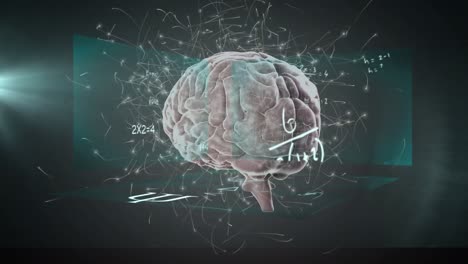 Menschliches-Gehirn-Dreht-Sich-Gegen-Bildschirme-Mit-Mathematischen-Gleichungen-Vor-Grünem-Hintergrund