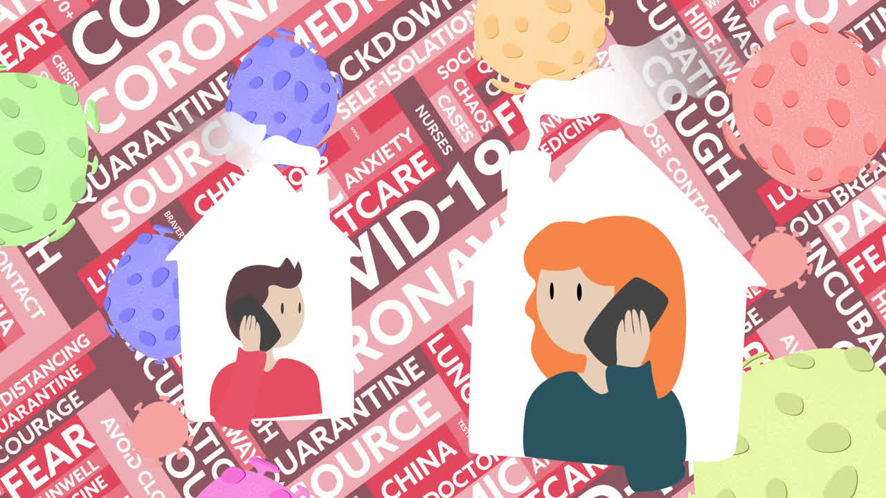 남자와 여자 아이콘이 코로나19에 맞서 전화로 대화하는 컨셉 텍스트