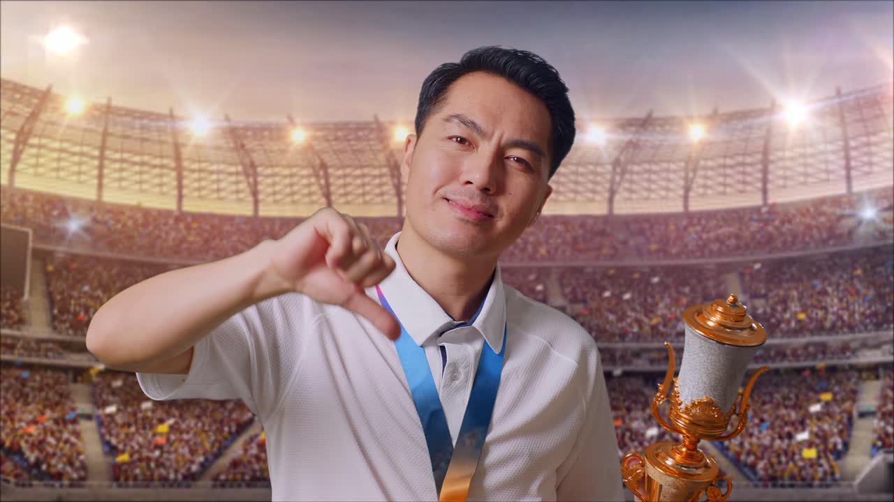 금메달과 트로피를 들고 있는 아시아인 남자가 손가락을 아래로 가리키며 경기장에서 패배자를 조롱하는 몸짓을 하고 있다.
