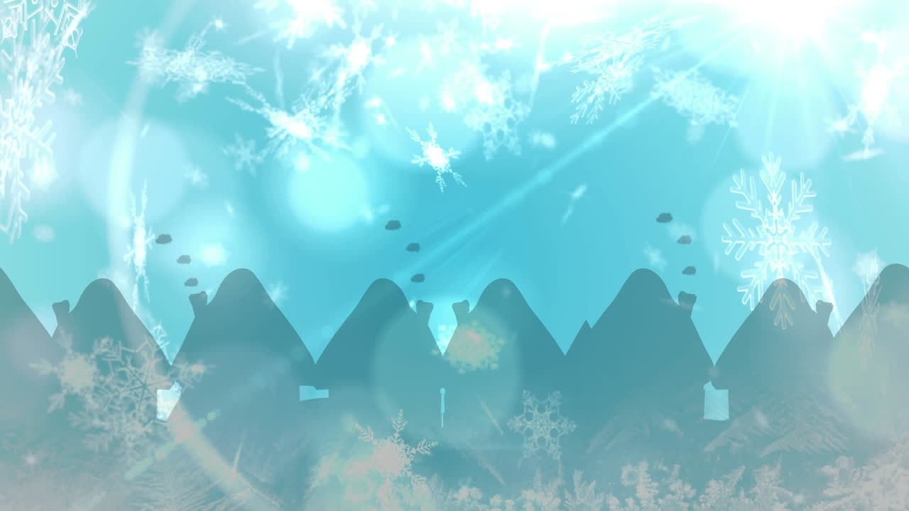 Animation of christmas snow falling over christmas bauble decorations on blue background