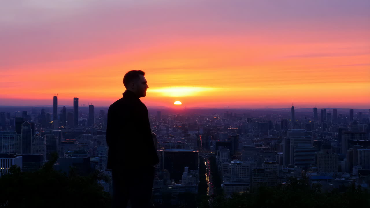 Man gazing at city skyline during sunset