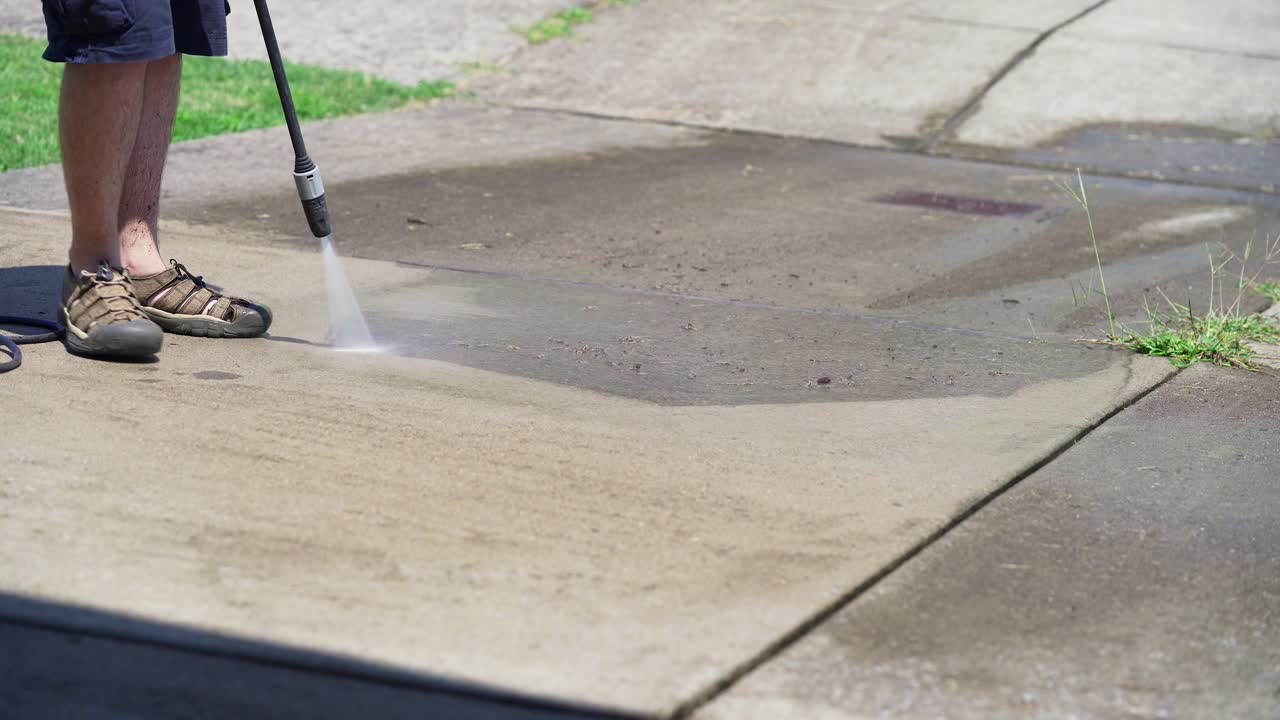 hombre lavado a presión de hormigón sucio- ningún progreso