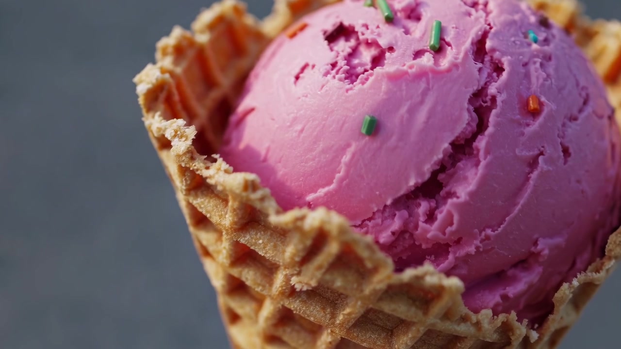 Close-up van roze ijsschep met kleurrijke sprinkles in een wafelhoorntje