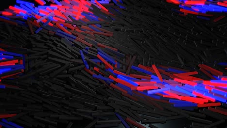 el fondo en bucle abstracto en 3d con muchos rectángulos grises se colocan en el plano y se encienden. las bombillas comienzan a brillar formando un patrón como una guirlanda de navidad abstracta. las ondas multicolores atraviesan los palos