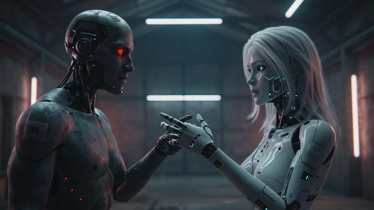 A Captivating Interaction Between Two Futuristic Androids: Exploring Emotion and Connection in a High-Tech Environment with Intricate Details and Striking Designs