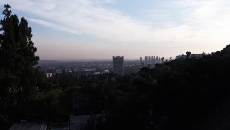 Low-aerial-shot-of-Century-City-skyline-in-low-light