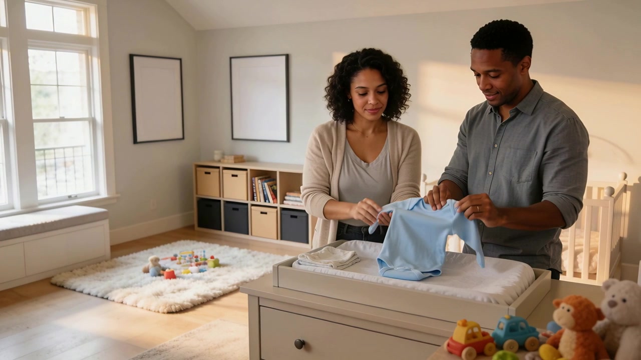 Picking up light blue onesie, parents in beige, gray smoothing it on nursery changer