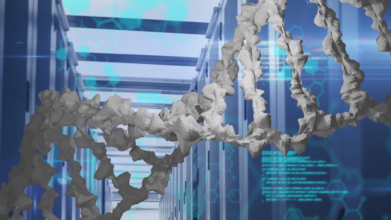 Animation of spinning dna structure, chemical structures and data processing against server room