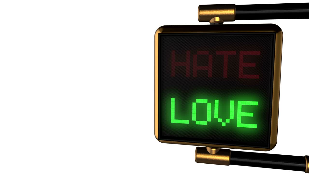 fondo animado en bucle: luz de tráfico dorada de estilo antiguo en 3d con las palabras "odio/amor" cambiando alternativamente de color rojo y verde en los píxeles negros. 4k. bucle sin costuras. alfa mate.