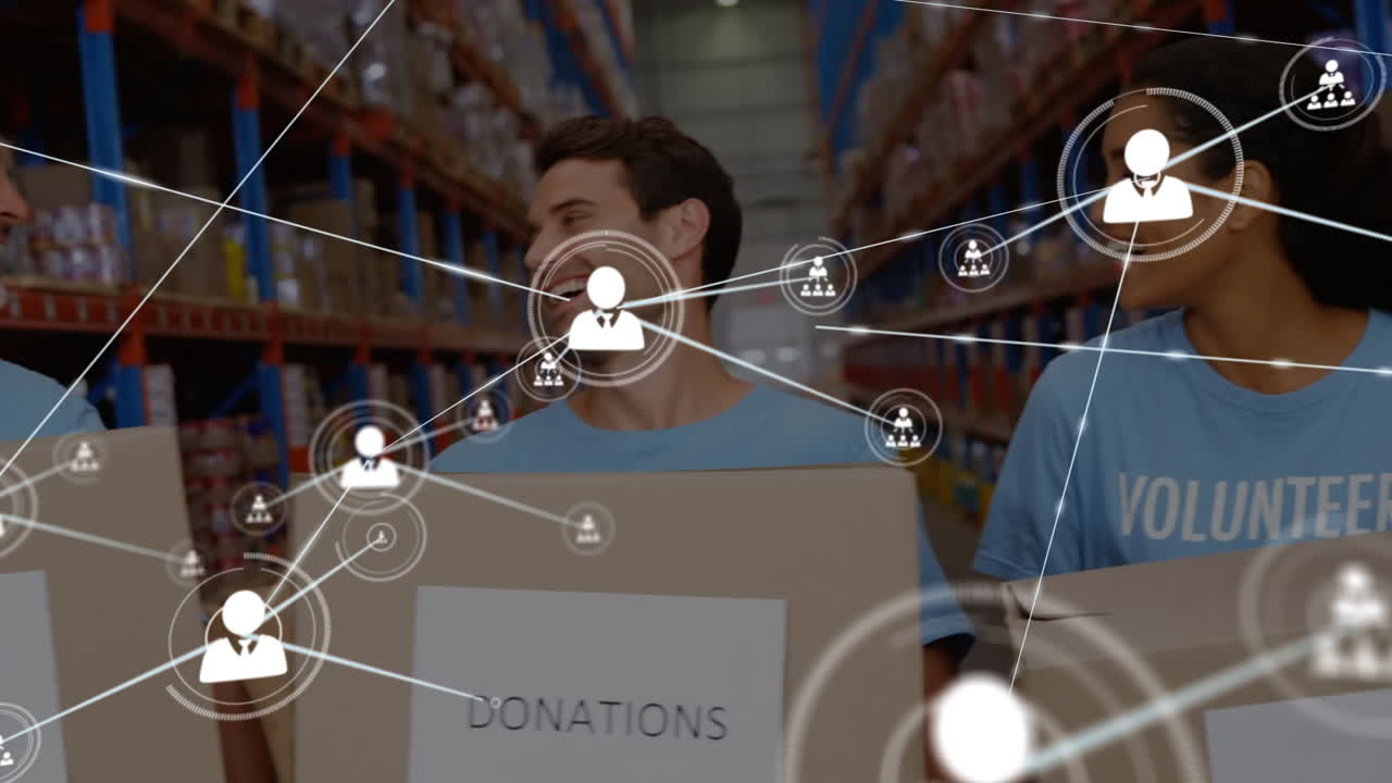 animación de la red de conexiones entre diversos trabajadores en el almacén