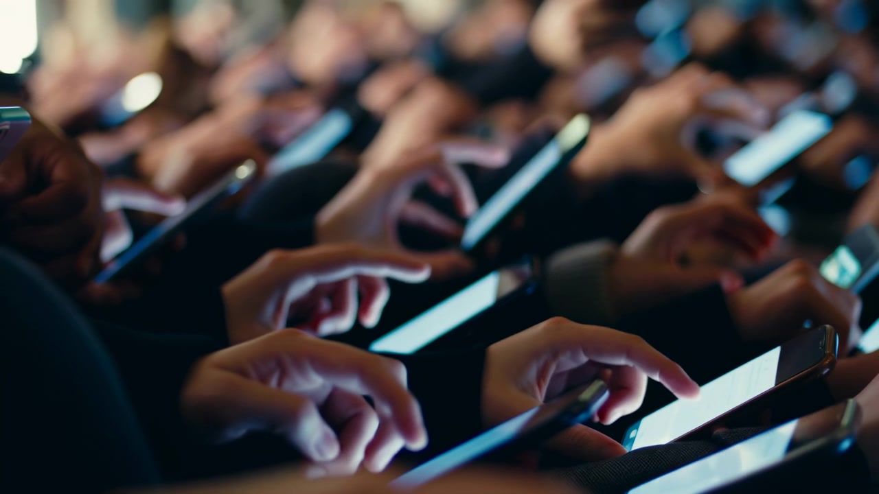 Mani in primo piano che toccano schermi di cellulari in una conferenza affollata, pubblico eterogeneo illuminato dal bagliore degli schermi.