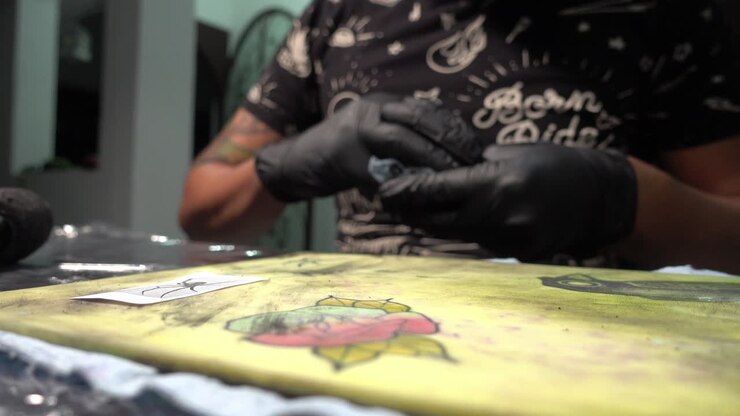 Close-up de um tatuador limpando a tatuagem permanente que ele acabou de aplicar em pele sintética