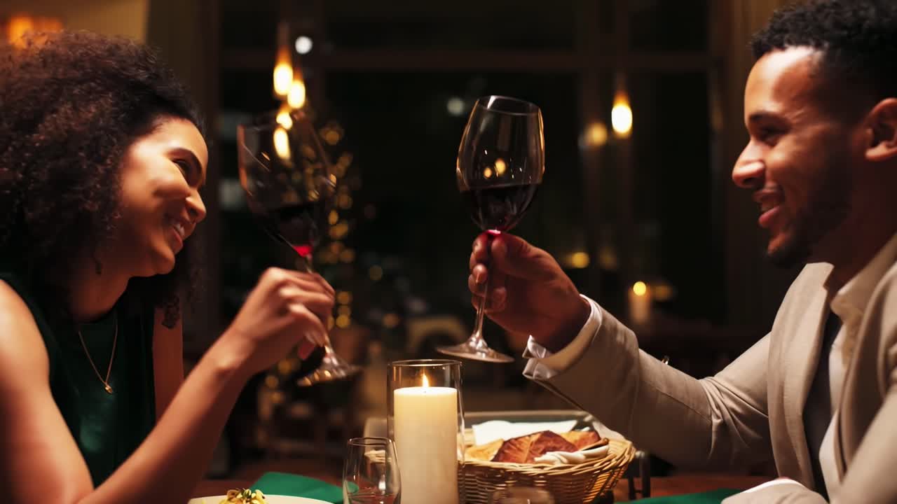Romantic dinner video with a close-up angle, capturing a couple toasting with wine glasses