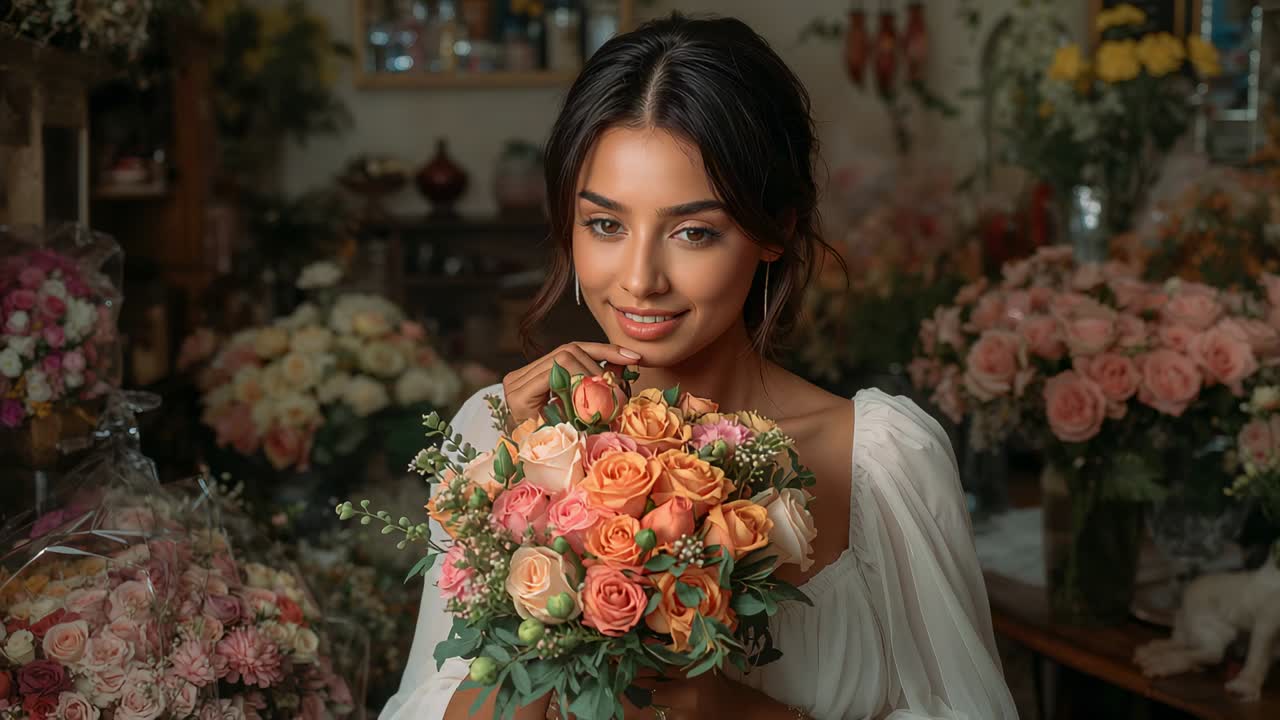 Ripresa in movimento che inquadra una donna in abito bianco che posa con un bouquet, abbassando lo sguardo e toccandosi la guancia in uno studio floreale