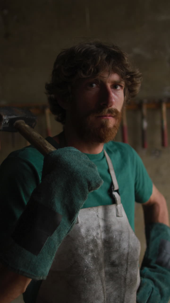 Ritratto video verticale di un fabbro maschio caucasico barbuto che tiene un martello in officina.