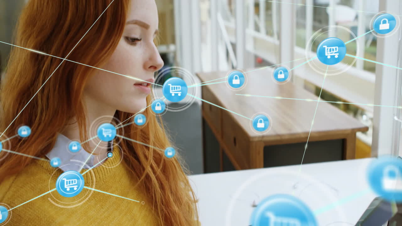 사무실에서 태블릿을 사용하는 여성에 대한 쇼핑 카트 및 보안 잠금 아이콘 애니메이션