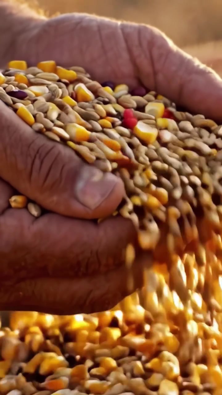 Cosecha de nutrientes: Un primer plano de manos midiendo una variedad de semillas, mostrando la rica diversidad en la agricultura y la importancia de las prácticas agrícolas sostenibles.