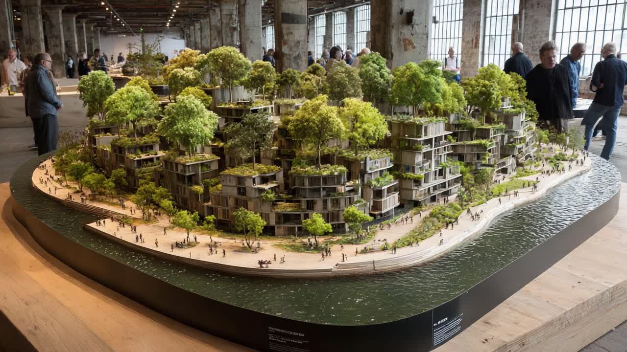 Innovative Architectural Model Showcasing Sustainable Urban Development and Green Spaces in a Dynamic Exhibition Space