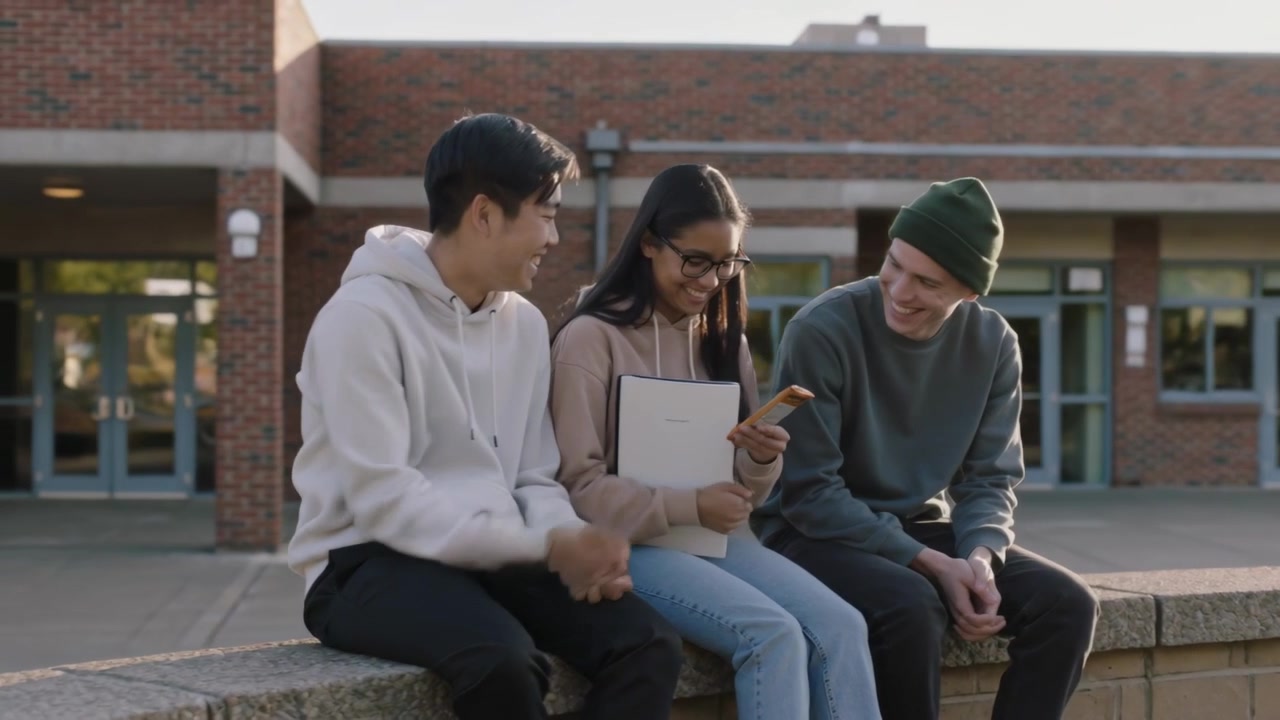 En elev rekker frem telefonen, en medelev deler innhold mens en annen tar den og holder en hvit notatbok på skolen.