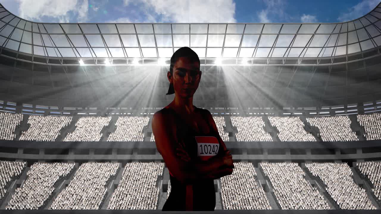 animación de una atleta sobre un estadio deportivo