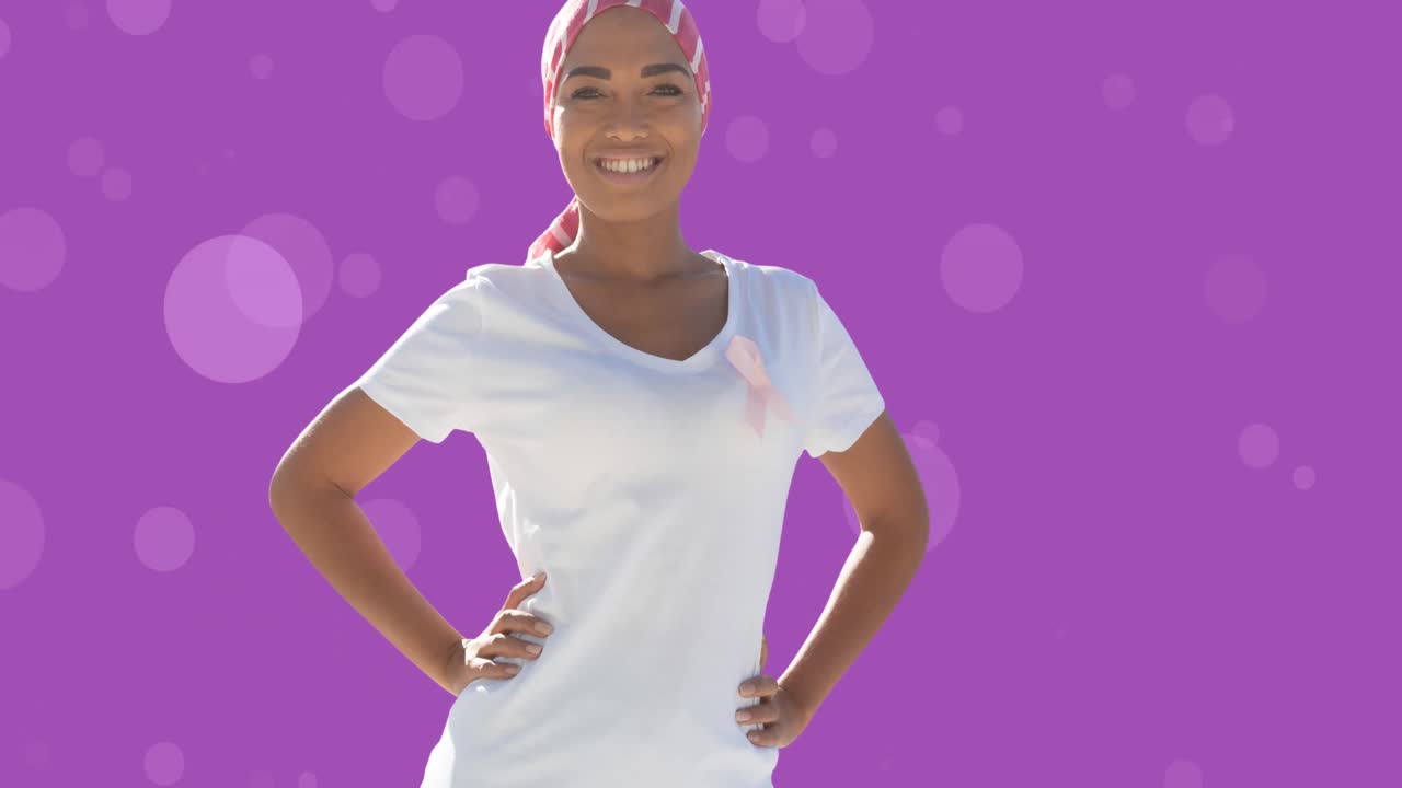 Animação de mulher multirracial com fita rosa em fundo roxo