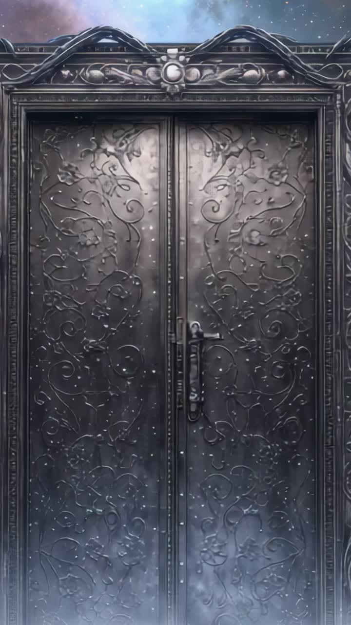 Vertical video: Opening ornate metal doors as light slit appearing in stars, revealing bright beam
