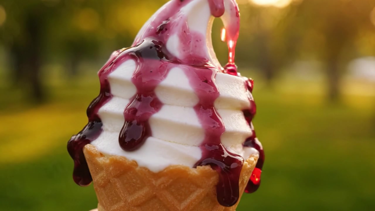 Een verbluffende transformatie van klassiek ijs: van vanillewerveling tot bessenverrukking met heerlijke toppings in een prachtige groene parkomgeving.