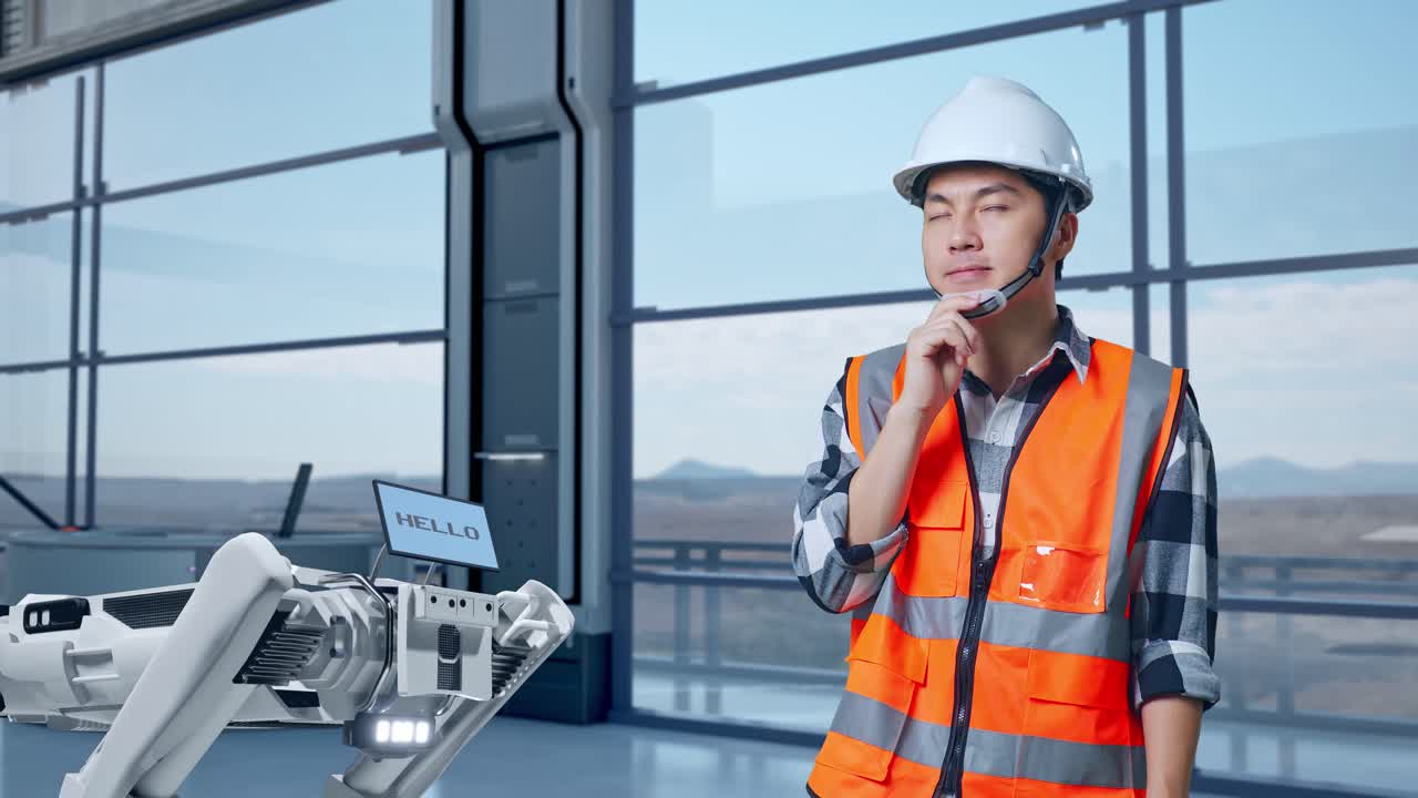 инженер, взаимодействующий с роботом в современном учреждении.