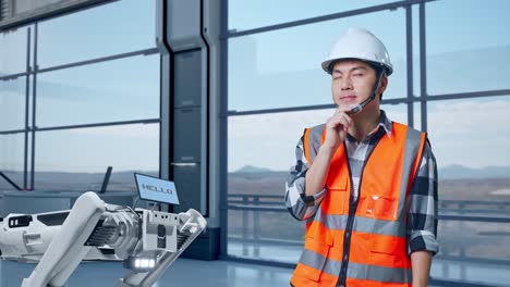 ingeniero interactuando con un robot en una instalación moderna