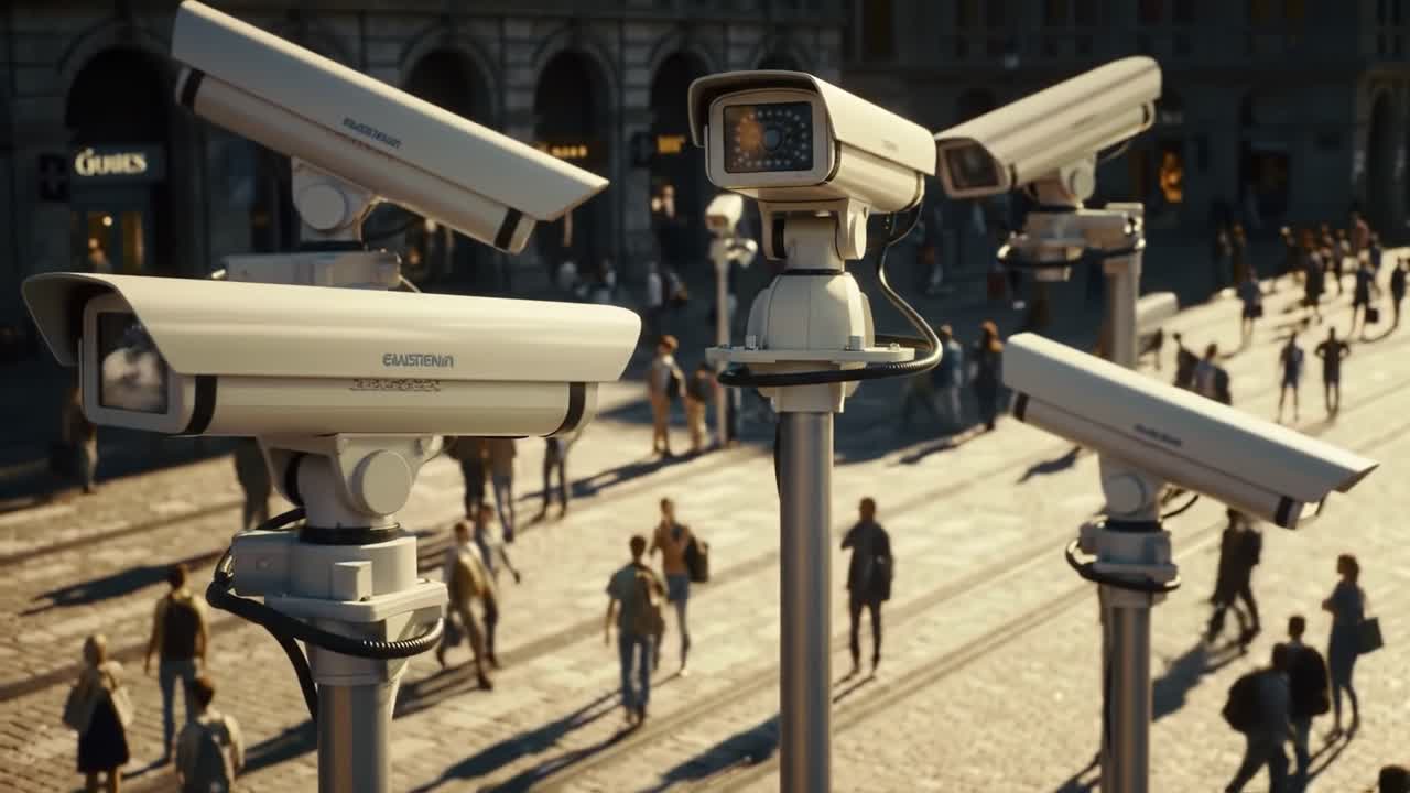 Telecamere di Sorveglianza che si Affacciano su una Vivace Piazza Pubblica, Catturando la Vita Quotidiana con una Fusione di Tecnologia e Attività Urbana