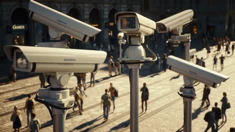 surveillance cameras overlooking a bustling public square, capturing everyday life with a blend of technology and urban activity