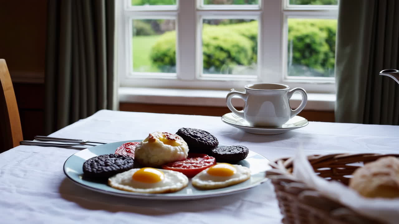 Traditional breakfast spread with fresh bread and tea