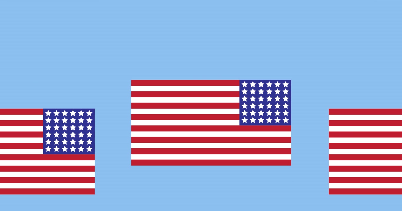 Animation of american flags moving over blue background