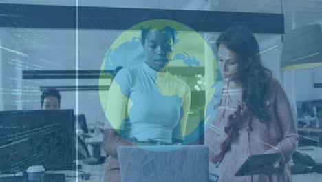 animation of globe, programming language over diverse female coworkers discussing report on laptop