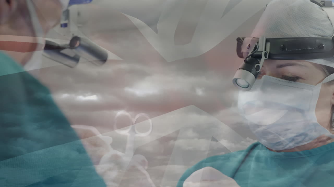 수술 중 의사 들 위 에 있는 영국 국기 의 애니메이션