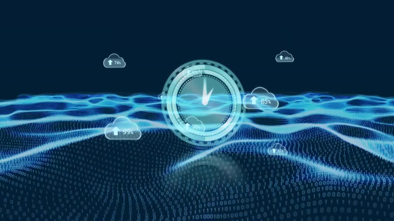 시계와 바이너리 코딩을 통해 성장하는 디지털 클라우드와 숫자의 애니메이션