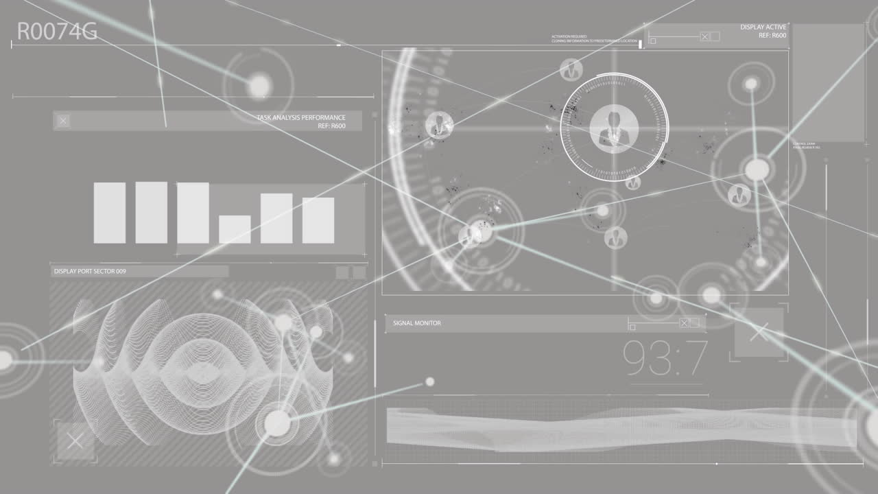 회색 배경 위에 금융 데이터 처리의 애니메이션