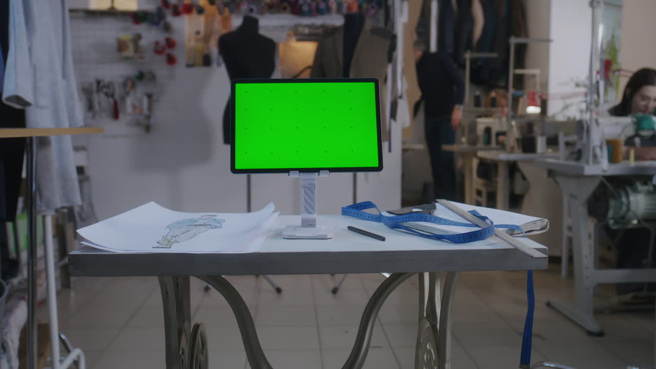 tableta con pantalla verde en un estudio de diseño de moda