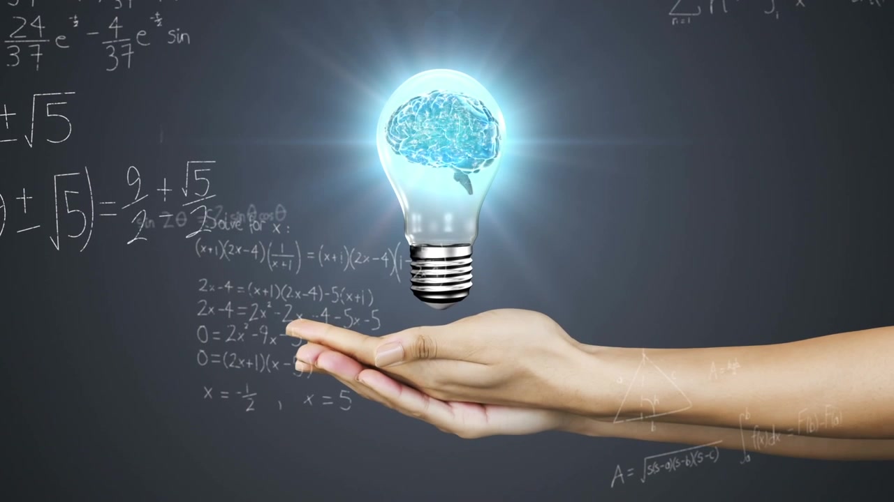 Animation of hands holding light bulb with brain over mathematical equations on black background