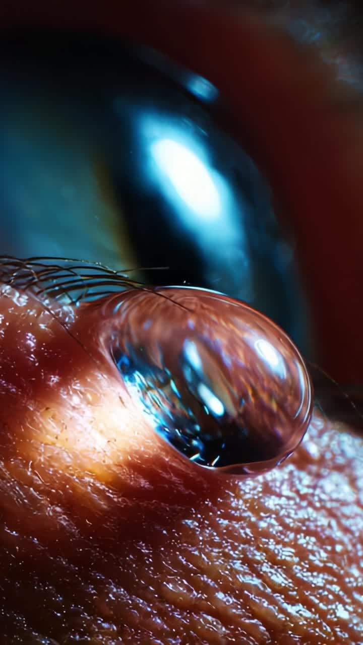 Close-Up of an Eye With a Water Droplet Showcasing Intricate Details, Color Reflections, and Textures Captured in High Definition Photography
