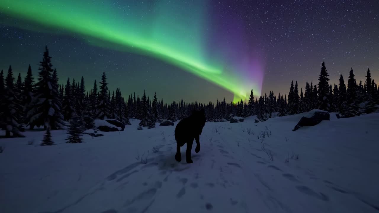 A person walks through a snowy forest under vibrant northern lights